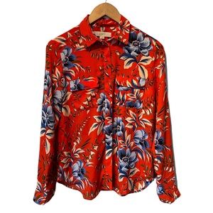 Loft vibrant red blue floral long sleeve button down blouse XS NWT